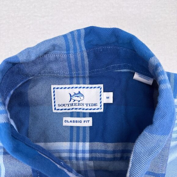 Southern Tide Button Up Shirt Men Size Medium Blue Plaid Classic Fit Casual Knit - Picture 6 of 10